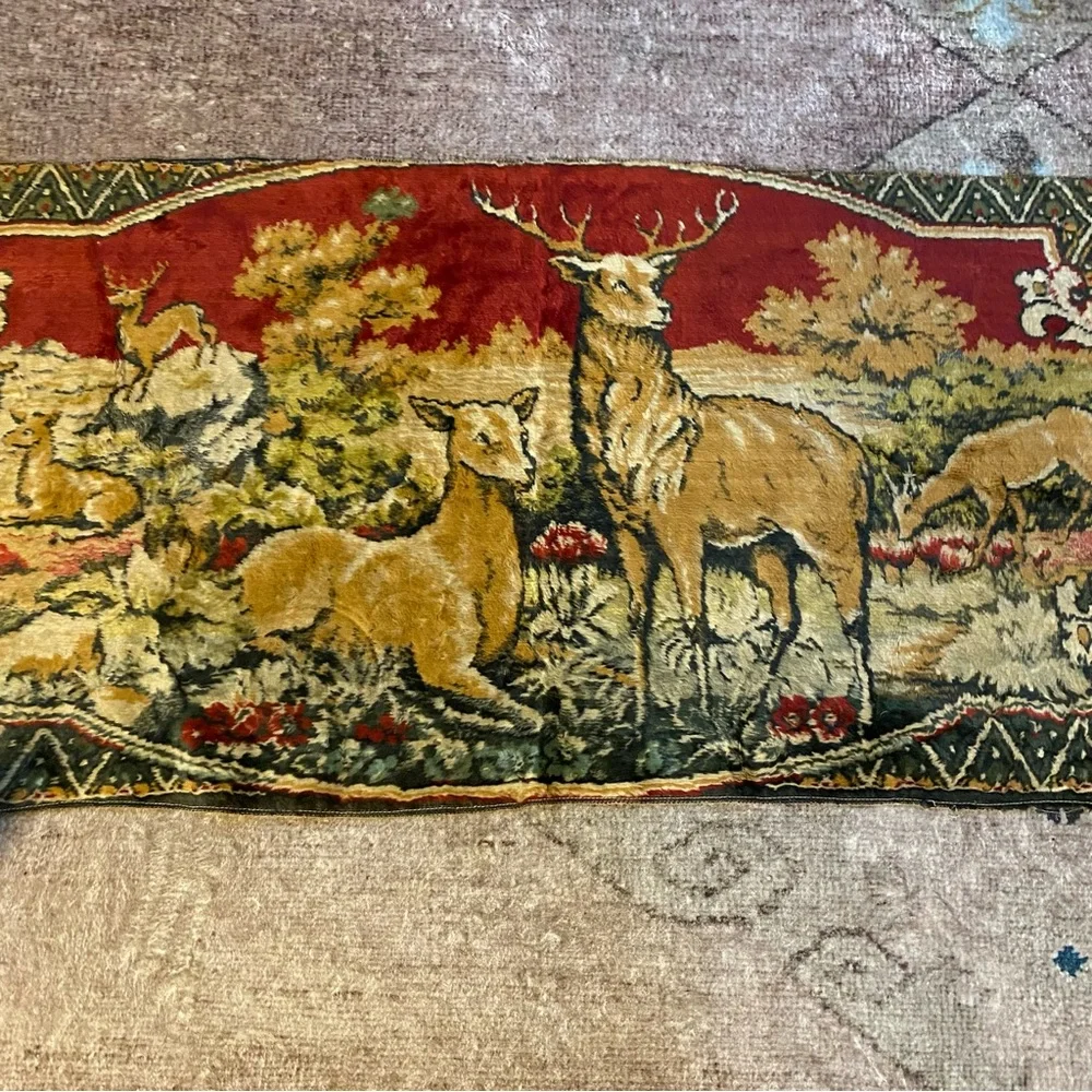 Deer and stag velvet tapestry - wall hanging - rug plush - red fringe - vintage
